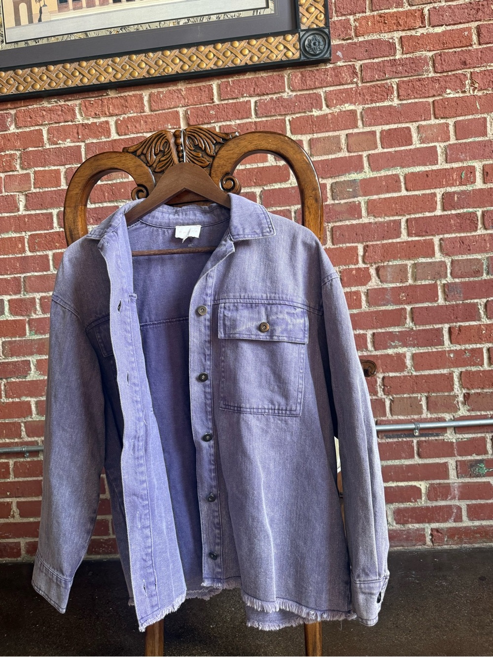 Entro Purple Washed Denim Shacket Oversized Raw Hem Button Up Jacket
